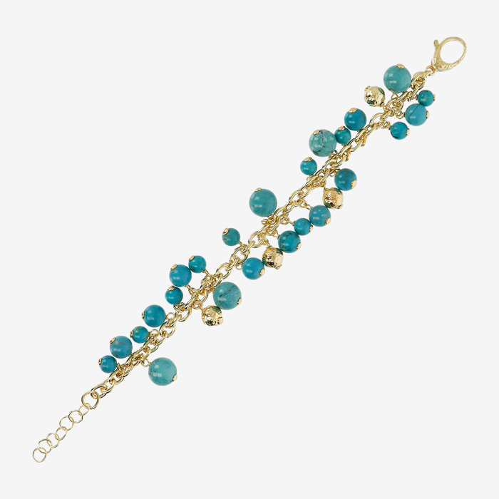 Bracciale Catena Rolo con Ciondoli di Turchese e Bead Martellate in Argento 925 placcato Oro giallo 18Kt