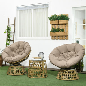 Ensemble salon de jardin 3 pièces - 2 fauteuils papasan, table basse - coussins taupe - résine tressée aspect rotin