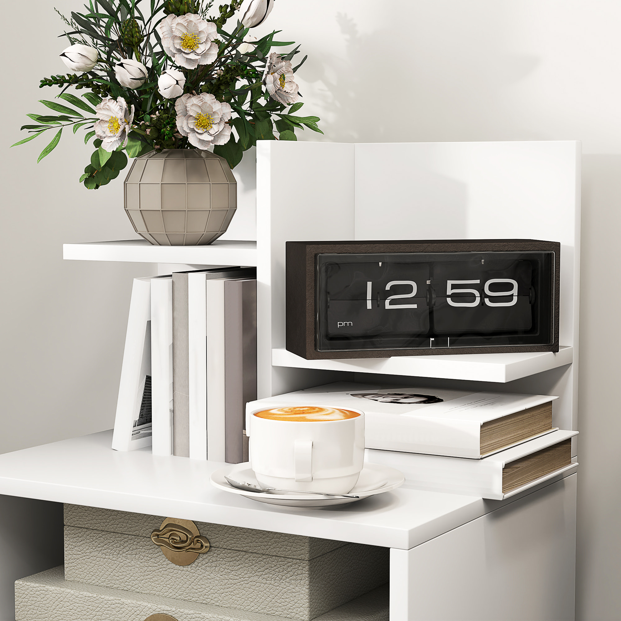 Chevet table de nuit multi-rangement tiroir niche plateau 2 étagères aspect bois blanc