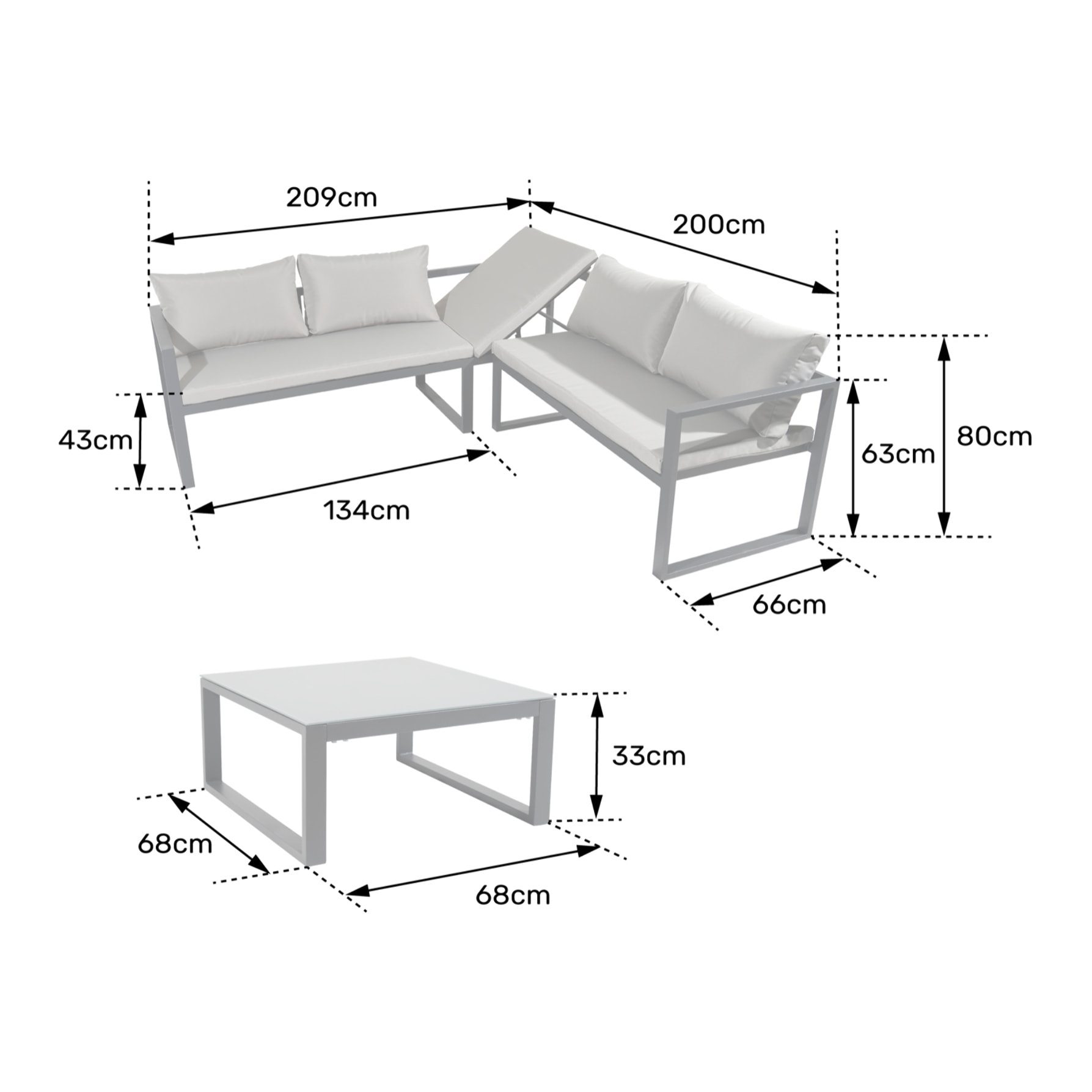 Salon de jardin modulable IBIZA en tissu gris 4 places - aluminium blanc