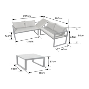 Salon de jardin modulable IBIZA en tissu gris 4 places - aluminium blanc