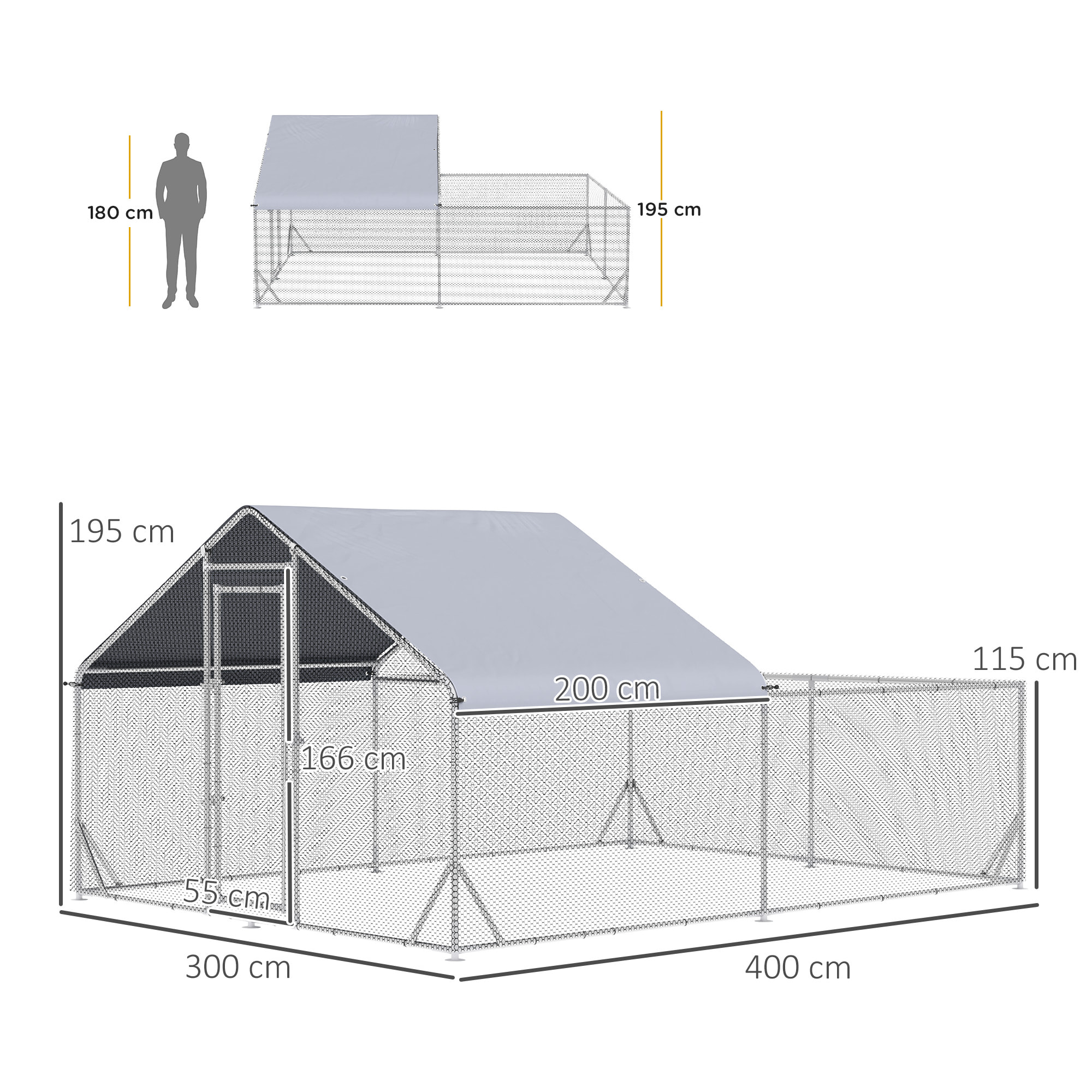 Enclos poulailler chenil 12 m² - parc grillagé dim 4L x 3l x 1,95H m - espace couvert - acier galvanisé