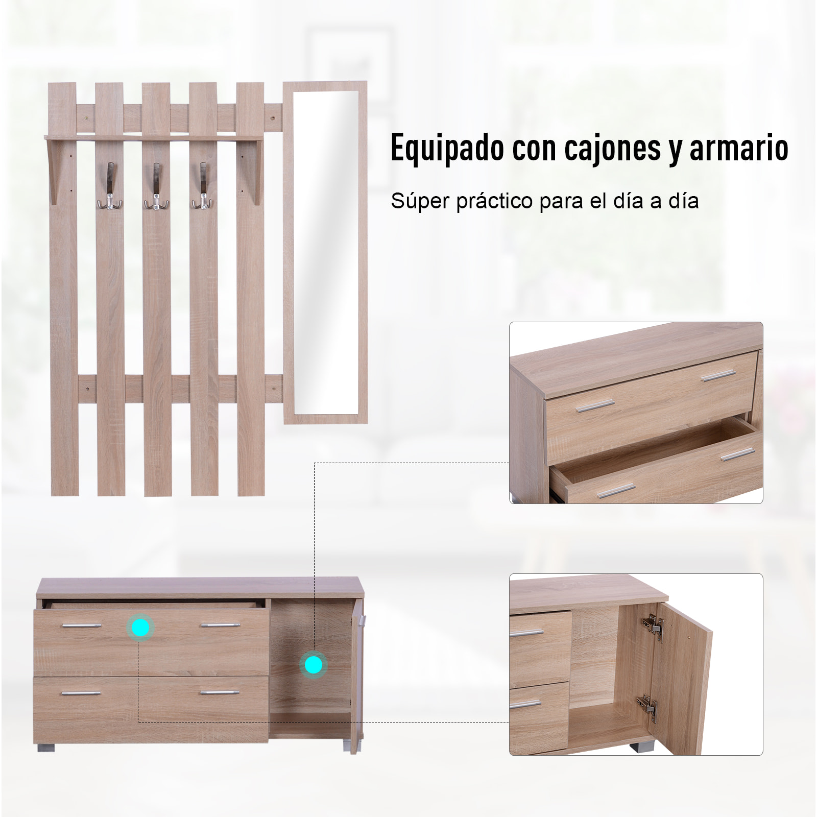 Pack 3 Muebles de Entrada Pasillo 90x21,5x116cm Roble
