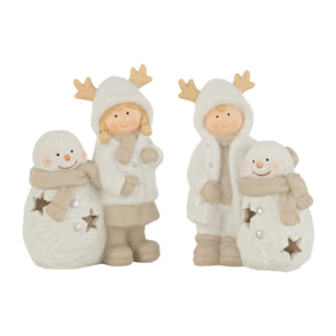 J-Line figurine de Noël Garcon Et Fille Bonhomme De Neige - polyrésine - mix - 2 pcs - LED