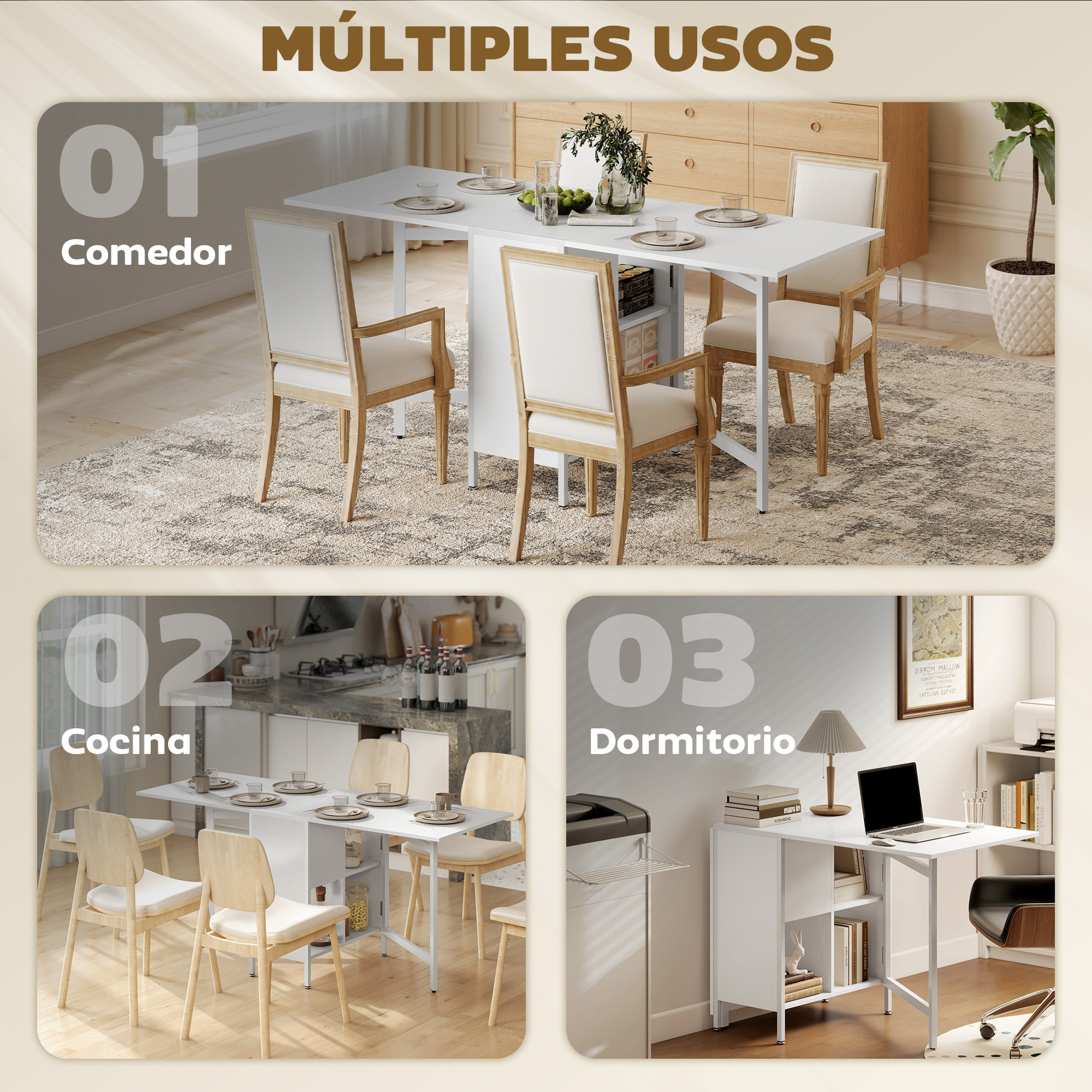 Mesa Plegable de Comedor, Mesa de Cocina Plegable, con Alas Abatibles, 4 Compartimentos, 3 Formas, Hasta 4 Personas, para Salón, Espacio Pequeño, 169x60x75 cm, Blanco