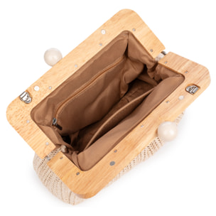 Benestare Bolso bandolera Mujer. Tela con detalles de madera natural y piel sintética.