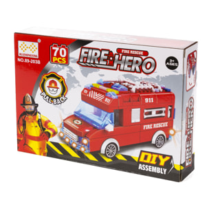 Autopompa con luci ed effetti sonori. Da costruire, 70 pezzi. Funzionamento a inerzia di retrocesso.