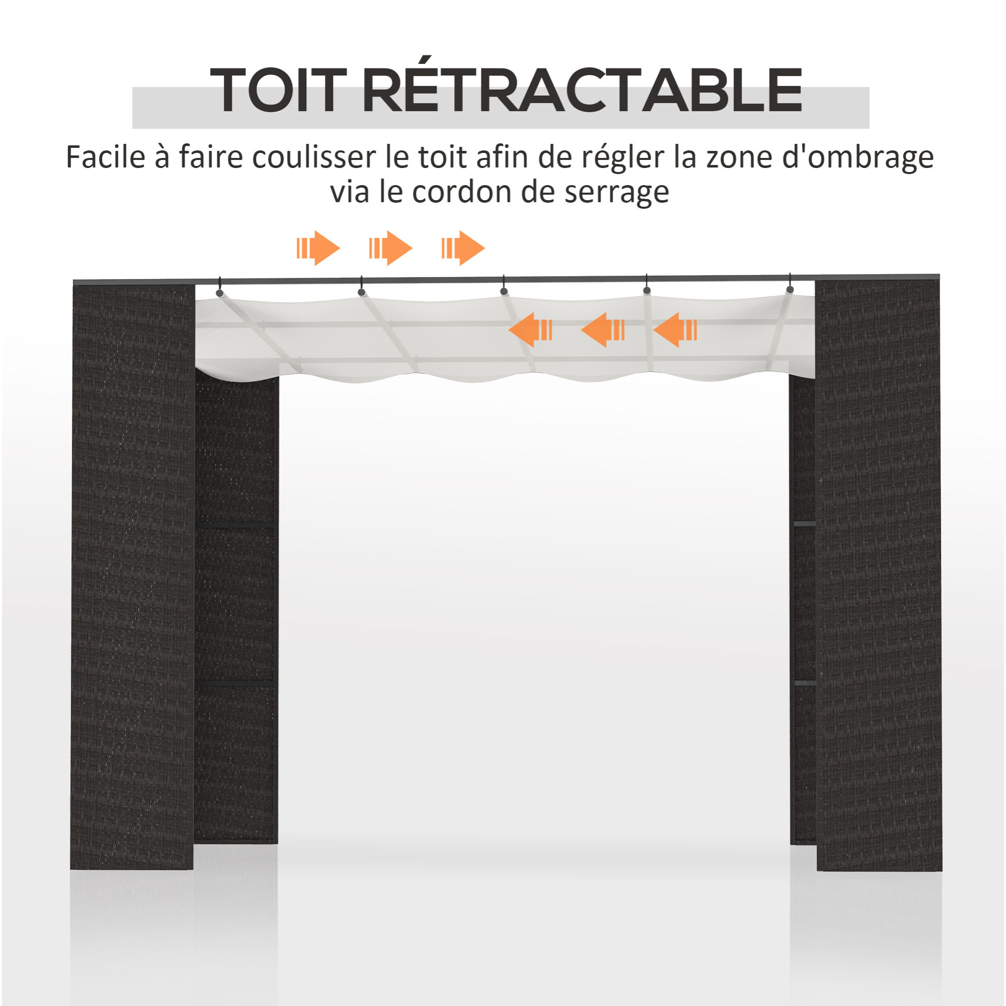 Pergola rétractable style colonial dim. 2,98L x 2,98l x 2H m métal époxy anticorrosion résine tressée noire toile polyester haute densité 180 g/m² crème