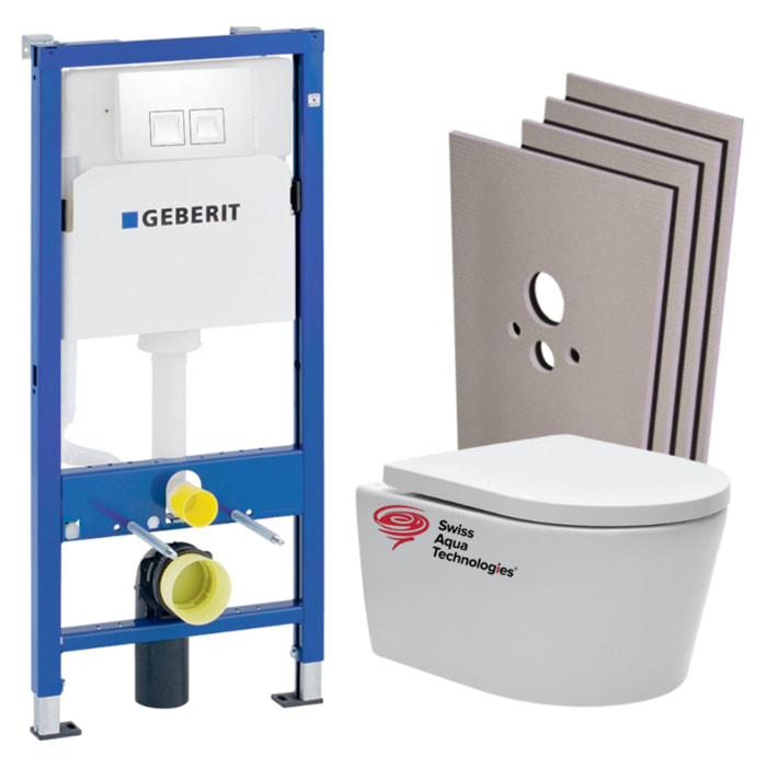 Pack WC sans bride SAT, fixations invisibles + Abattant softclose + Bâti support Geberit UP100 + Plaque blanche + Set Habillage