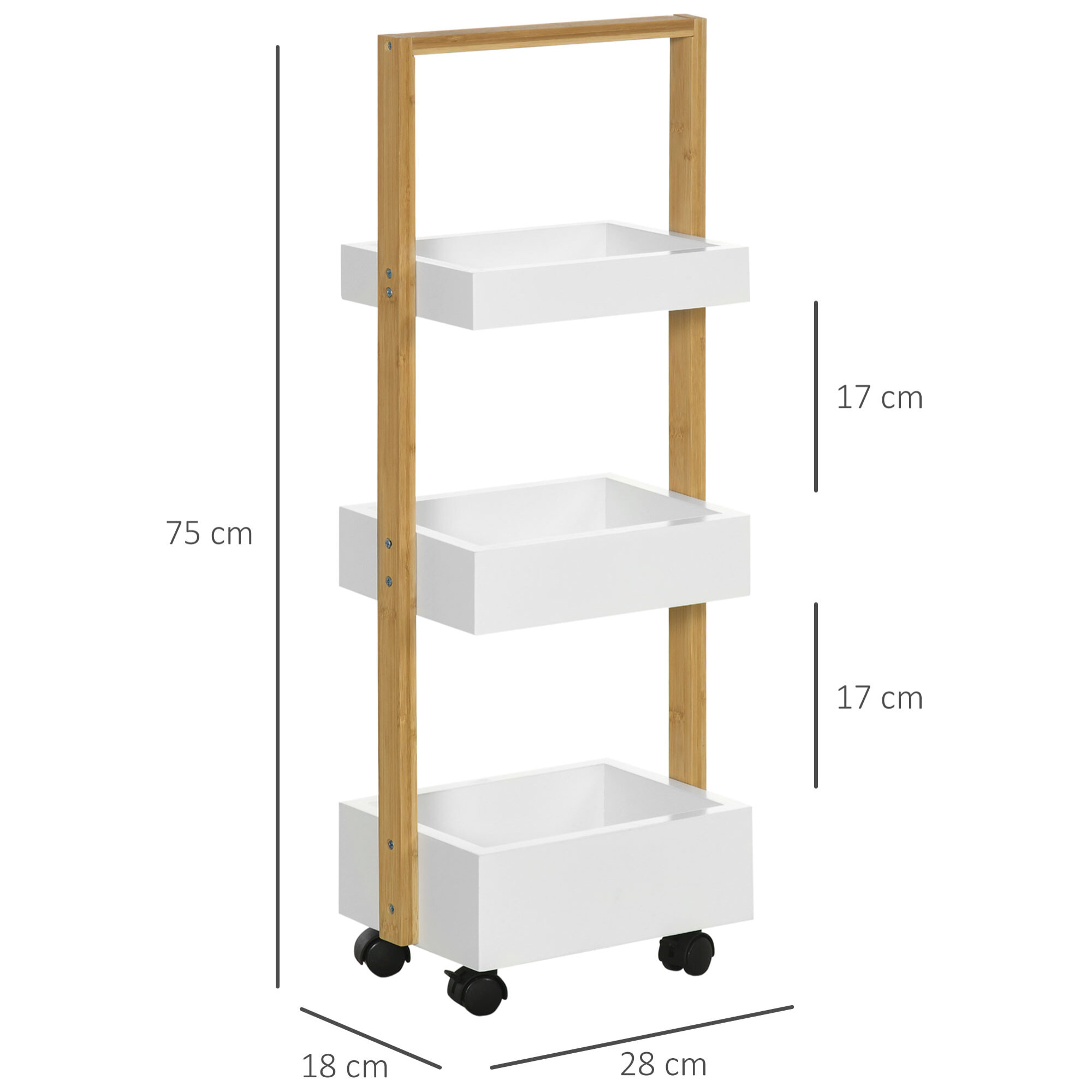 Carrito de Almacenamiento de Bambú Carrito Auxiliar con Ruedas Carrito de Cocina con 3 Cestas y Asa para Salón Baño 28x18x75 cm Blanco y Natural