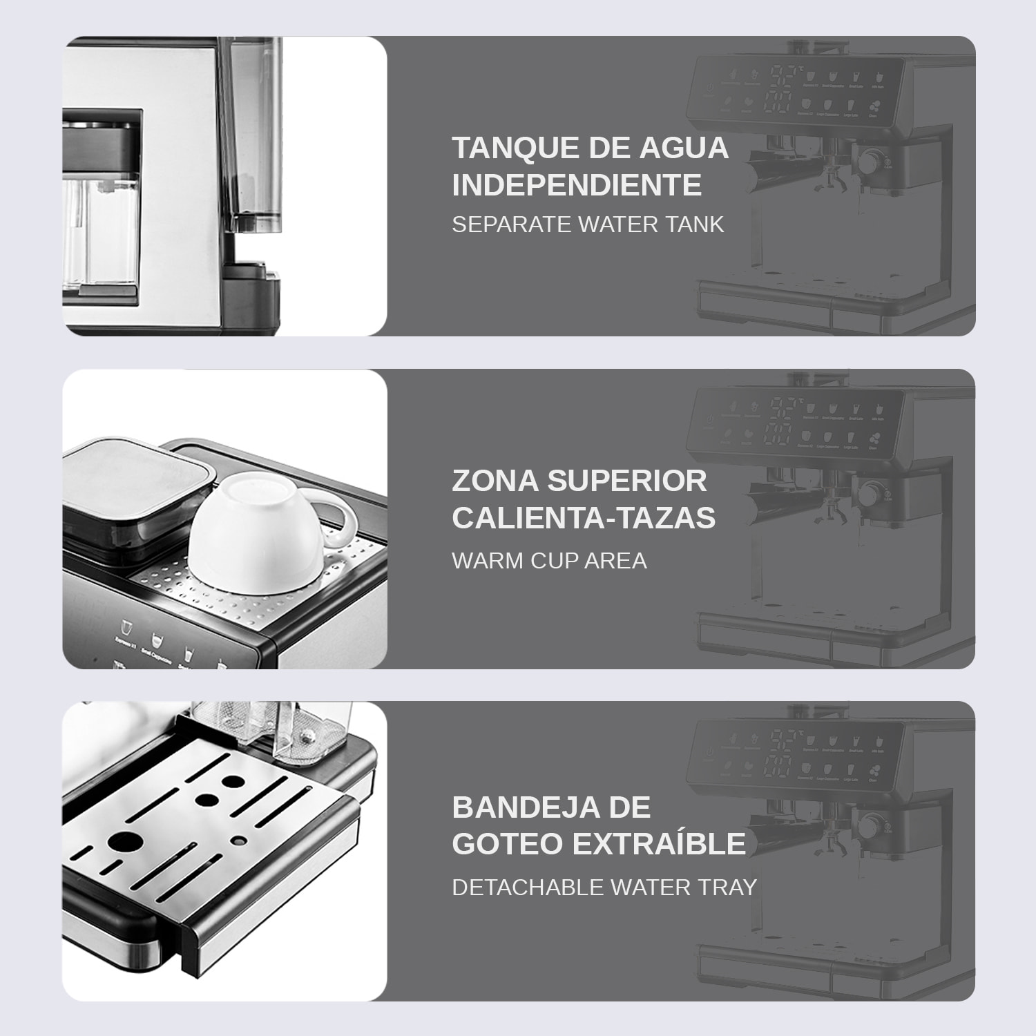 Cafetera de 1350W con 20 niveles de molido y sistema dual para café frío o caliente. Pantalla táctil, varilla de vapor, 20 bar de presión y tanque de 2,7 L.
