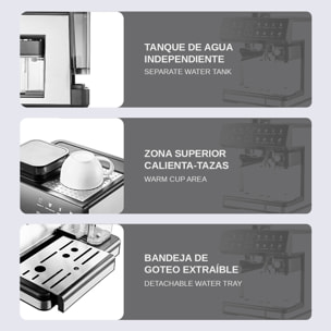 Cafetera de 1350W con 20 niveles de molido y sistema dual para café frío o caliente. Pantalla táctil, varilla de vapor, 20 bar de presión y tanque de 2,7 L.