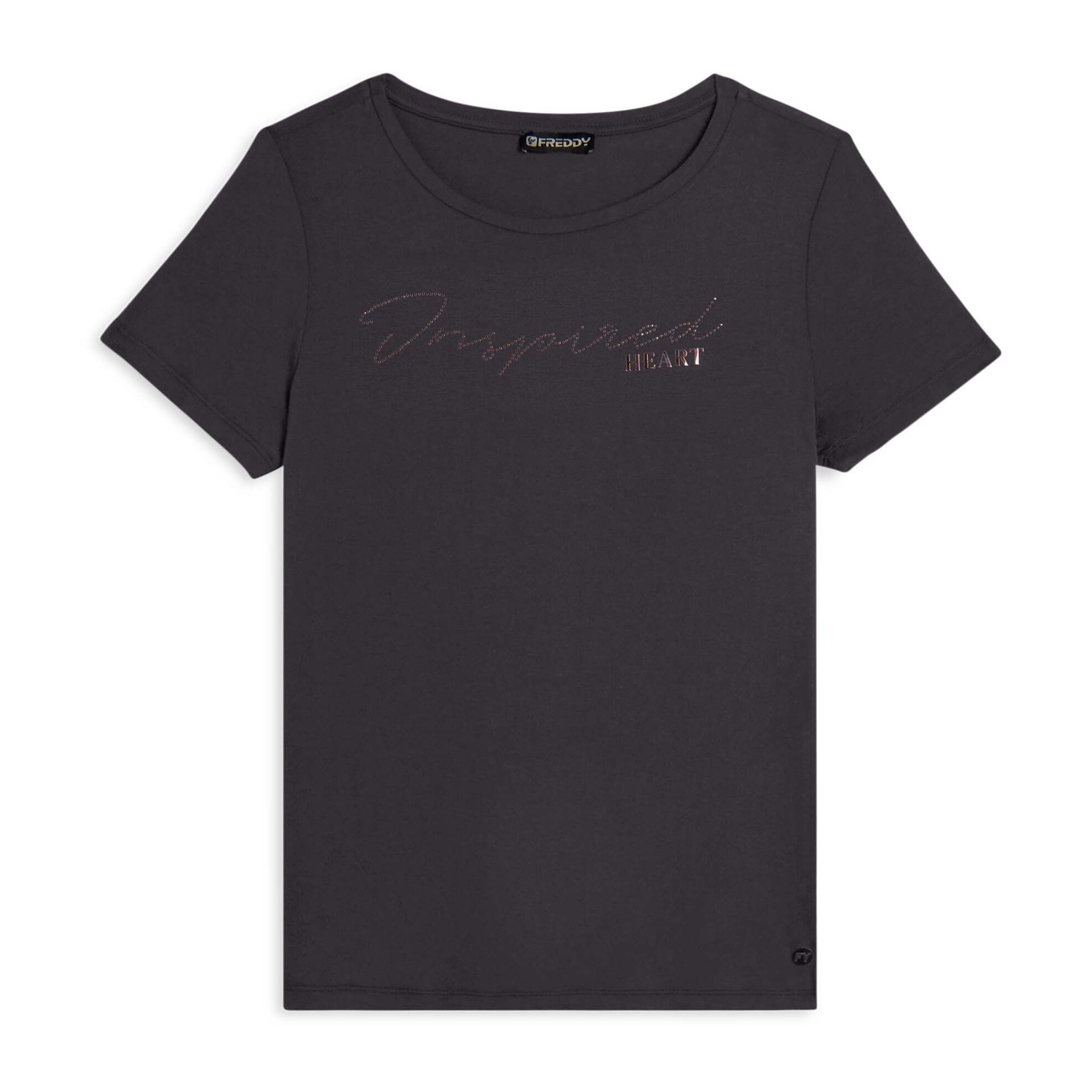 T-shirt donna con grafica in strass e logo sul fondo