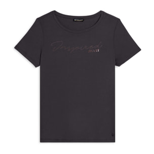 T-shirt donna con grafica in strass e logo sul fondo