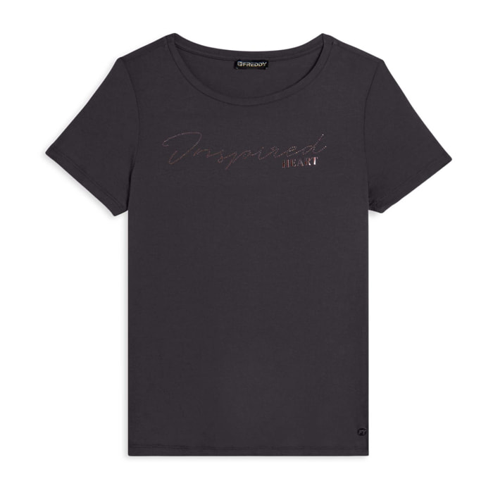 T-shirt donna con grafica in strass e logo sul fondo