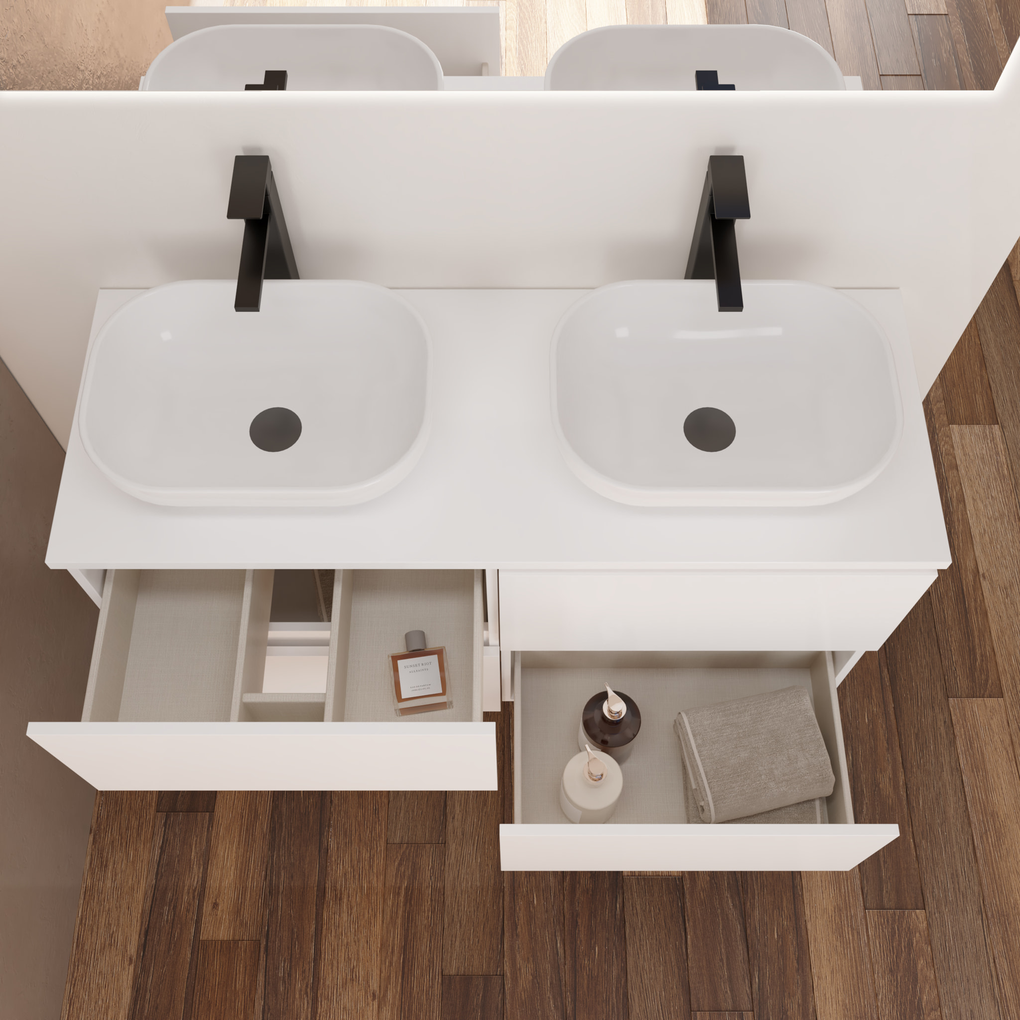 Conjunto de Baño Kaji | Mueble de Baño Suspendido | 120 cm Blanco| Cuatro Cajones | Lavabo Ovalado sobre Encimera | No incluye Espejo | Alday