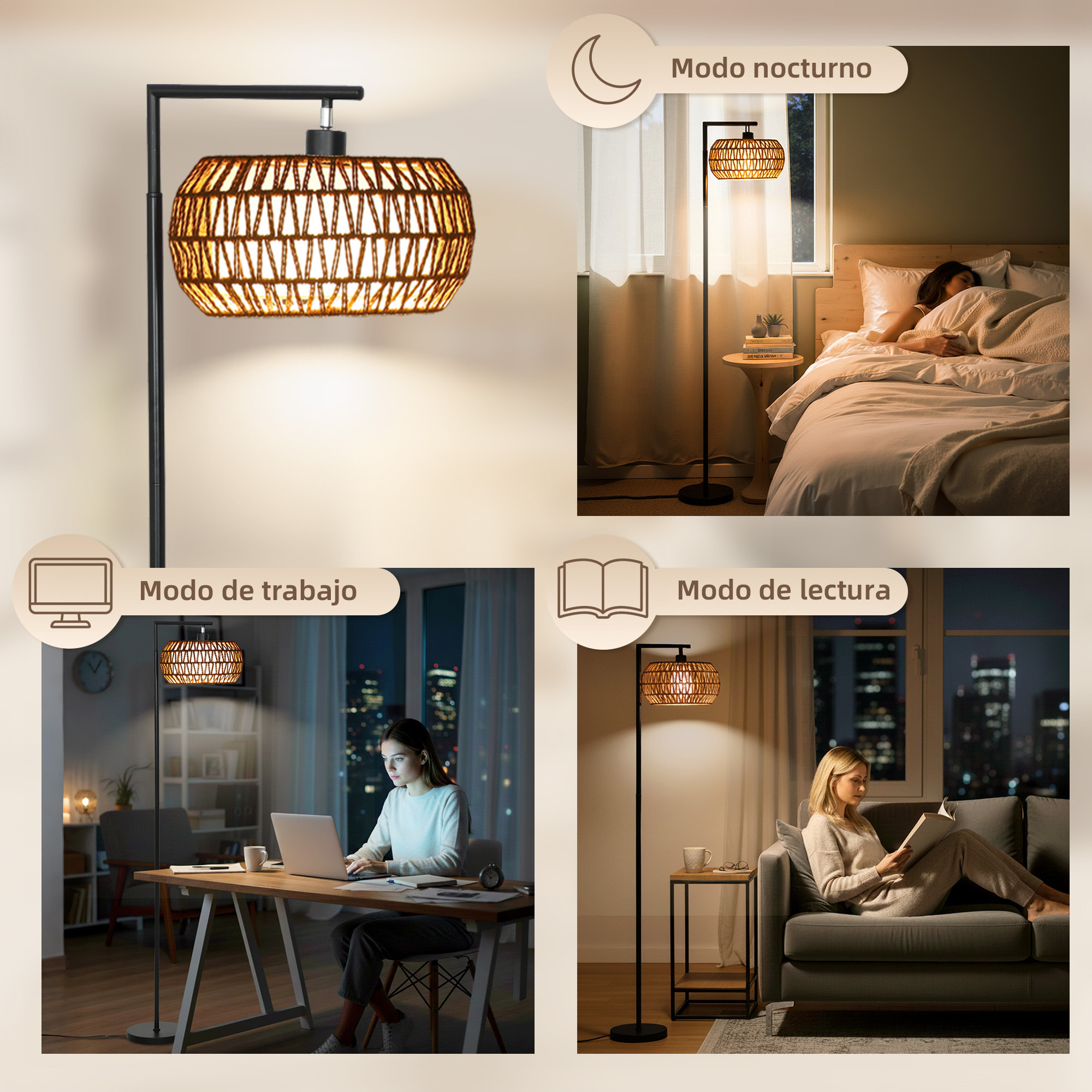 Lámpara de Pie con Doble Capa de Pantalla, Lámpara de Pie Bohemia con 3 Temperaturas de Color, Brillo Ajustable, Control Remoto, Interruptor de Pie, Temporizador, para Dormitorio, Oficina