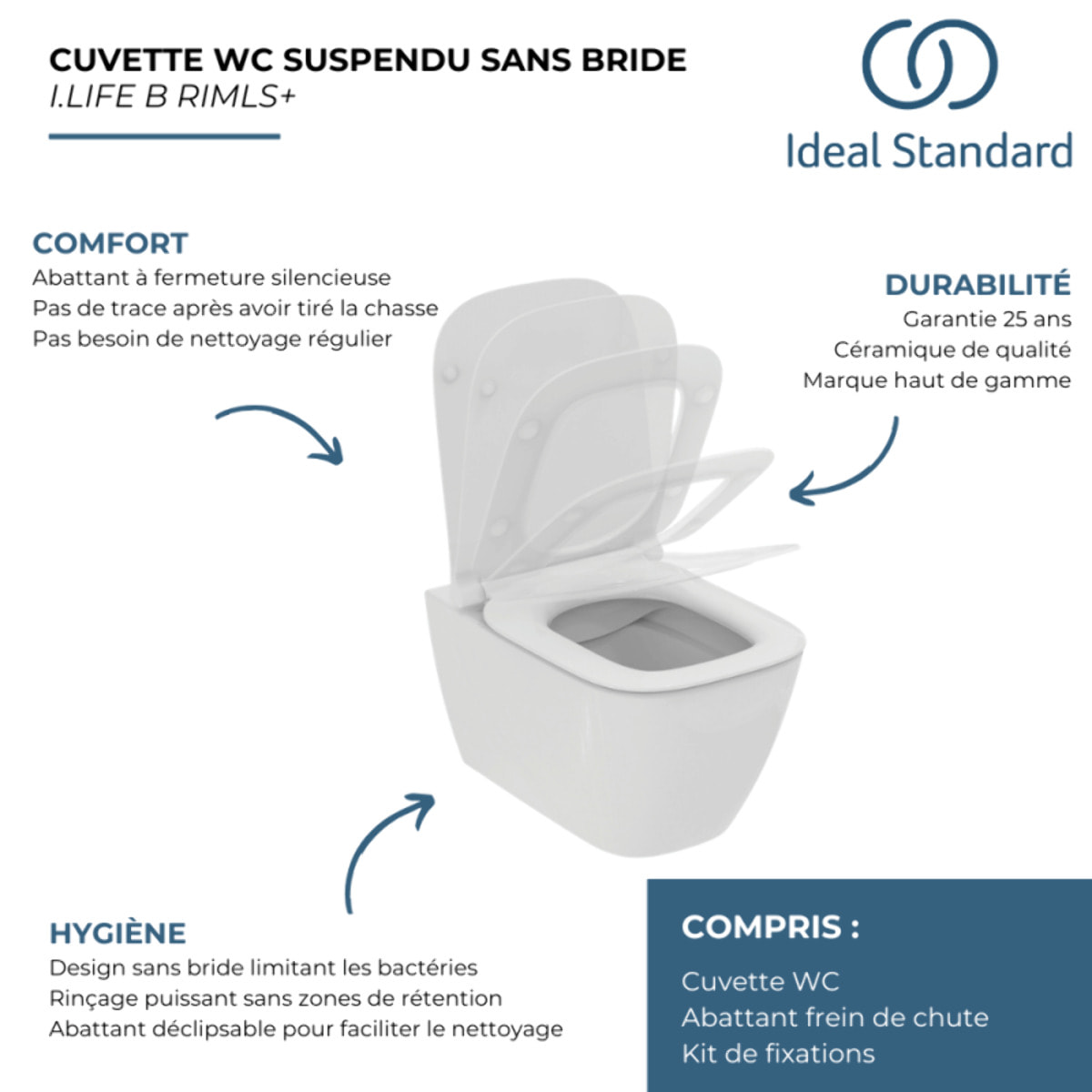 WC suspendu sans bride I.Life B RimLS+ avec abattant frein de chute