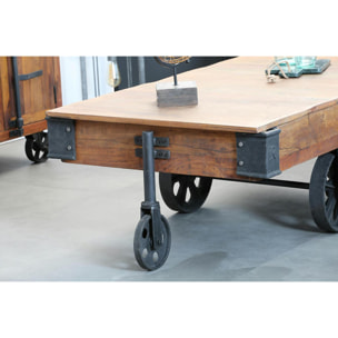 Table basse industrielle vintage bois recyclé roues LEEDS