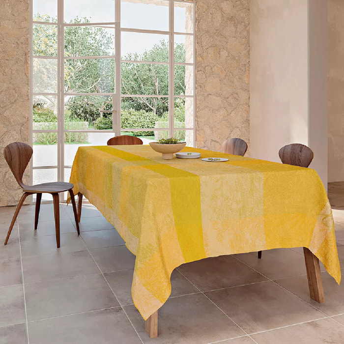 Nappe pur coton enduit motif jacquard jaune Mille esprit jardin solaire