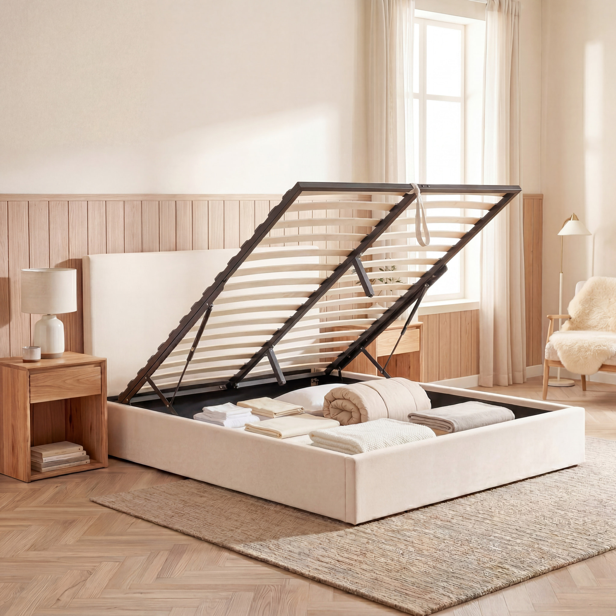 Lit Coffre Nemesis en Velours Beige, Grand espace de rangement, avec Tête de Lit, Sommier à Lattes Actives, Design et confortable