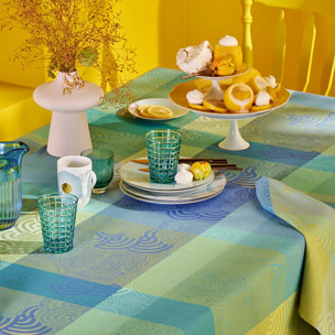 Nappe pur coton enduit motif jacquard bleu Mille rainures atoll