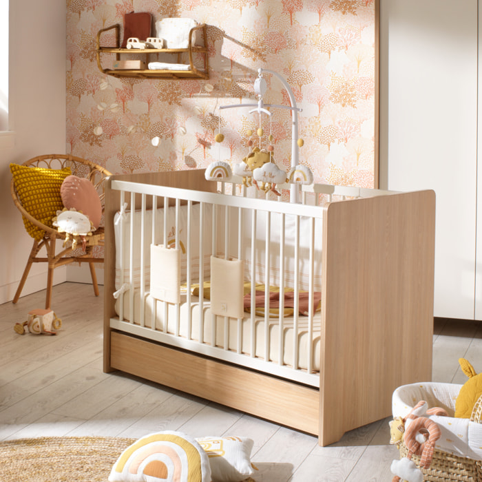 Lit bébé 120 x 60 avec têtes de lit arrondies en bois décor chêne miel