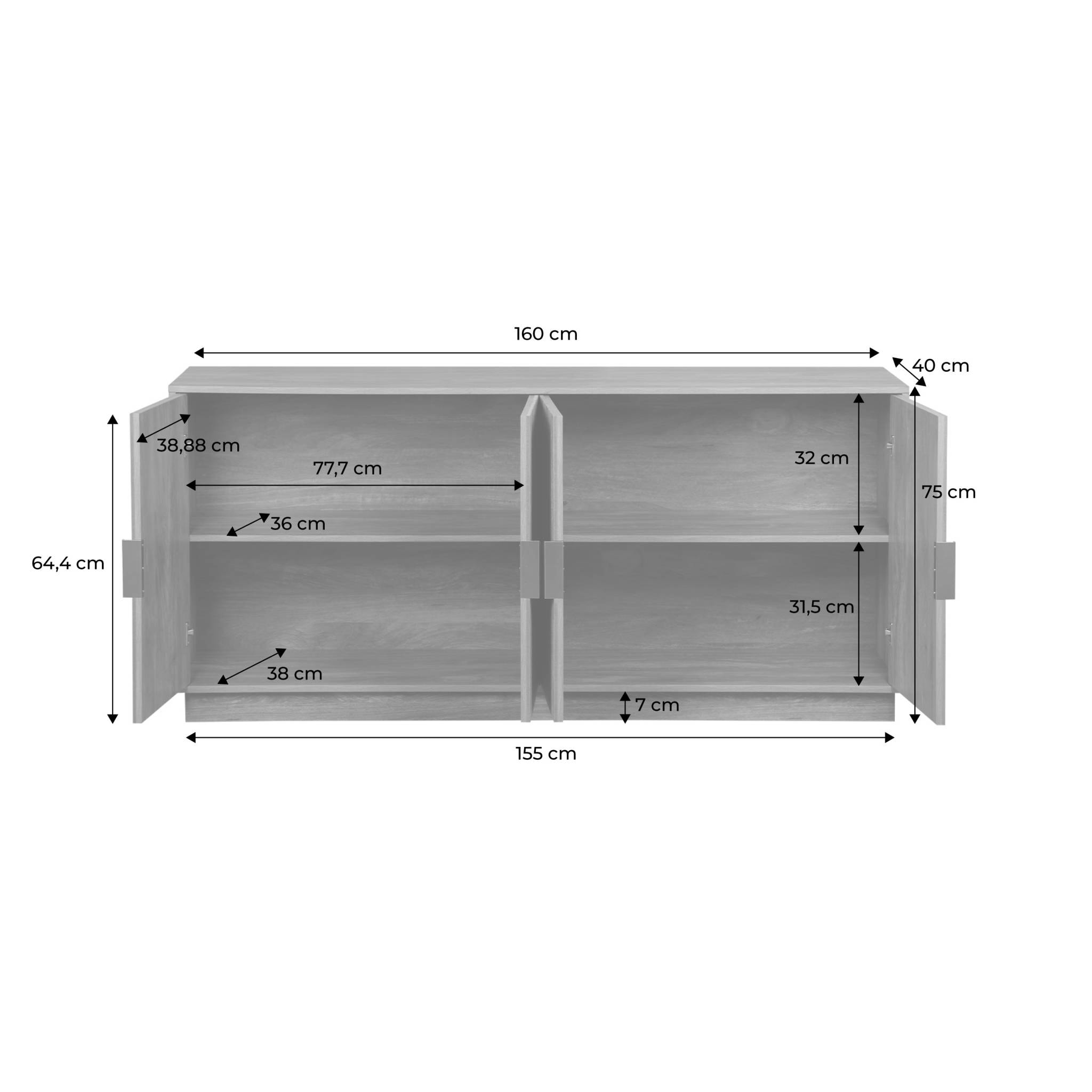 Buffet exotique 4 portes. effet bois de manguier rainuré. buffet bas. poignées en métal doré. L 160 x P 40 x H 75cm