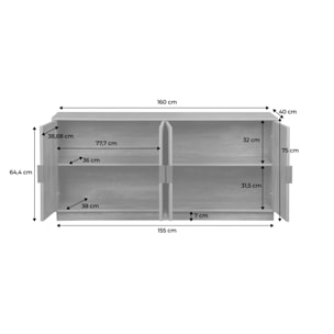 Buffet exotique 4 portes. effet bois de manguier rainuré. buffet bas. poignées en métal doré. L 160 x P 40 x H 75cm