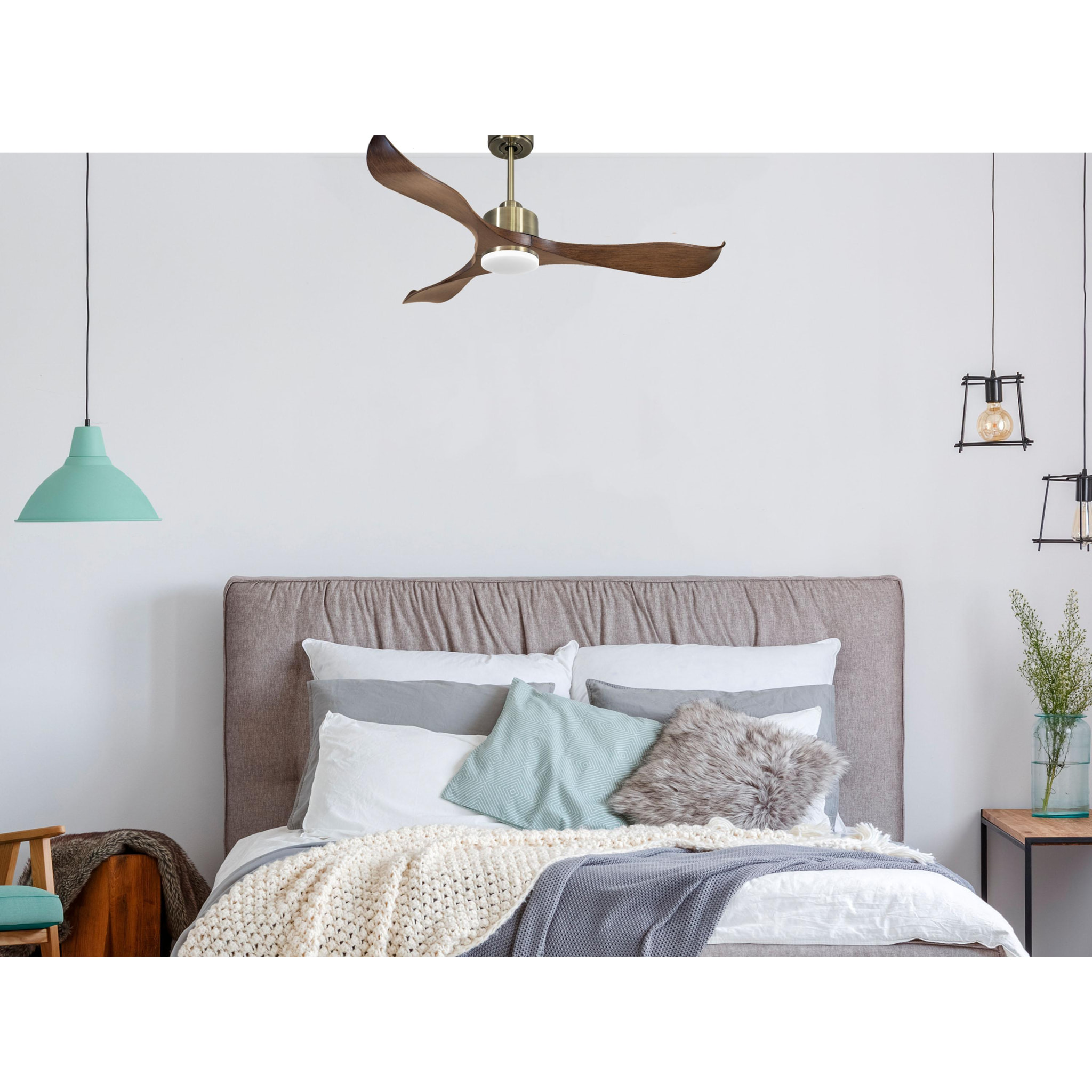 Ventilateur de plafond Réversible  Thermostat Dimmable Wifi Moteur à courant continu Toits en pente Télécommande Lumière à trois tons Adaptateur 2/3 Lames