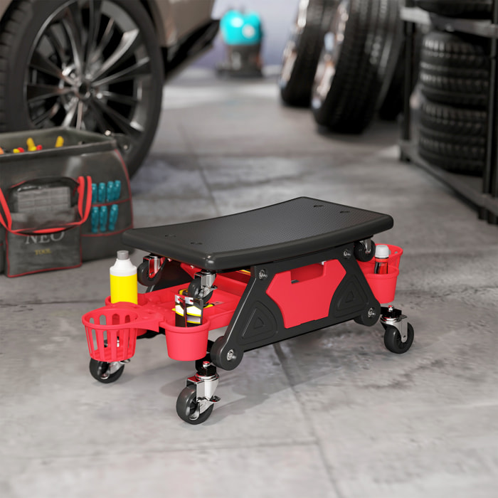 Taburete de Taller Giratorio con Ruedas Altura Ajustable Asiento Taburete para Mecánico con 2 Bandejas para Herramientas Portavasos Cajón Carga 135 kg para Garaje Reparación de Automóviles Rojo