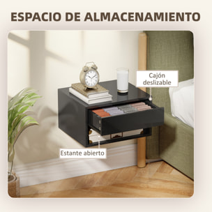 Juego de 2 Mesitas de Noche Flotantes, Mesillas de Noche con Cajón, Estante Abierto, para Dormitorio, Salón, 37x32x21 cm, Negro Brillo