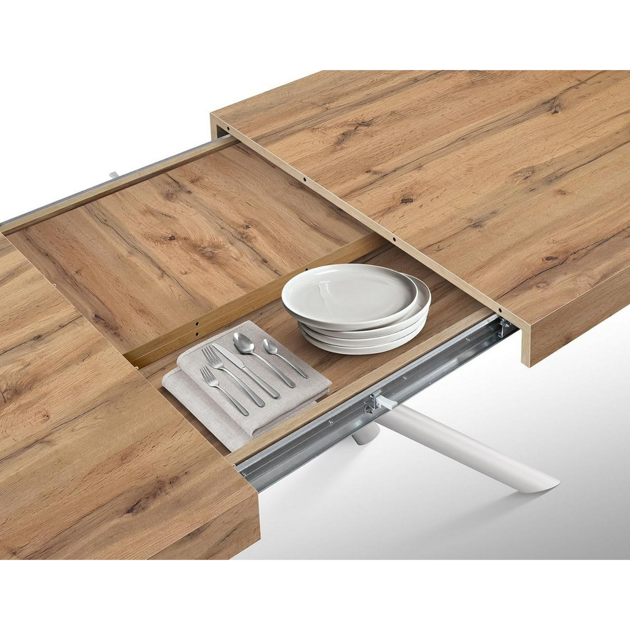 Tavolo CARRARA in legno, finitura rovere rustico e base in metallo verniciato bianco, allungabile 140x90 cm - 220x90 cm