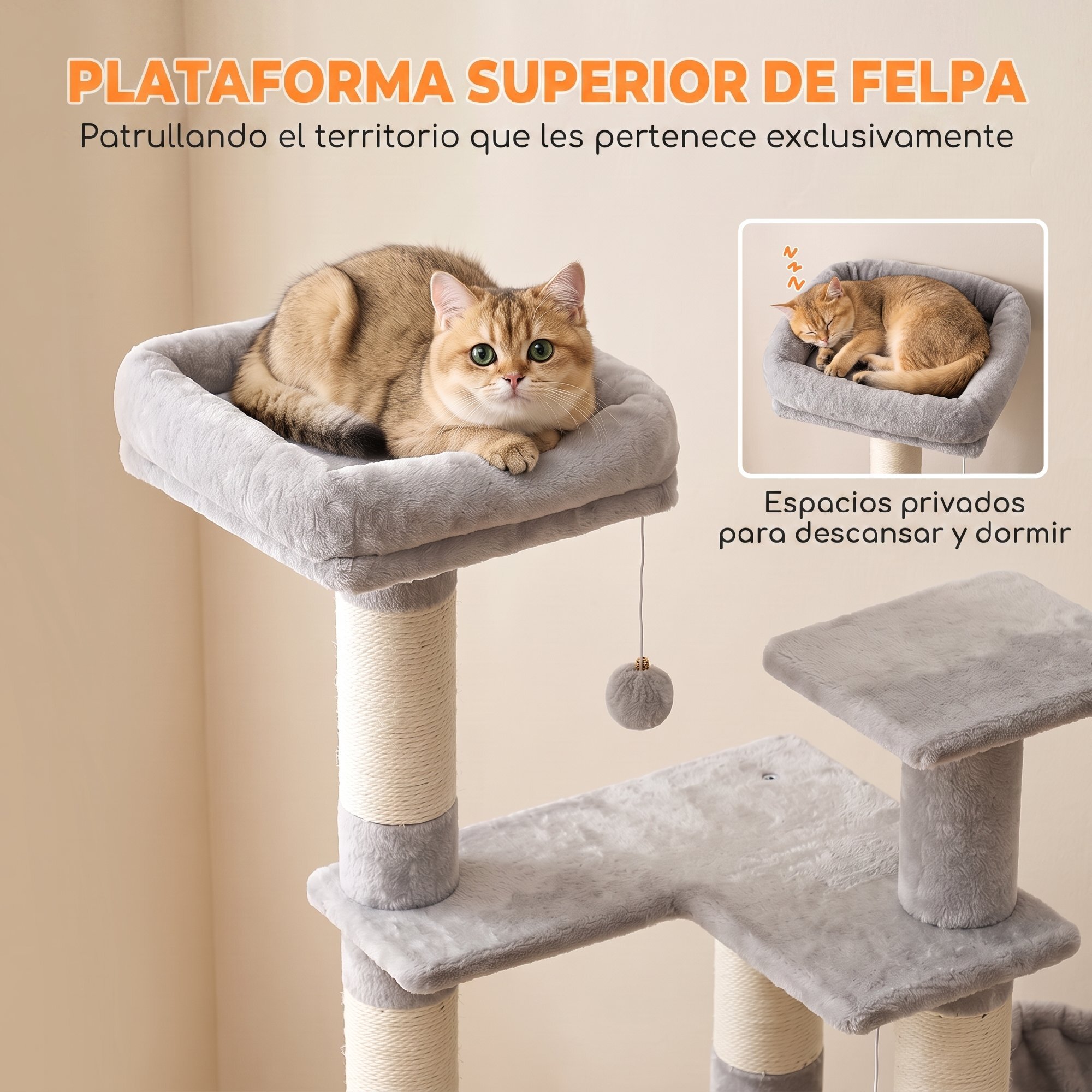 Árbol Rascador para Gatos 152 cm, Torre para Gatos Multinivel con Cueva, Hamaca, Cama, 4 Postes de Sisal, Escalera Rascadora, 3 Bolas Colgantes, Tela de Felpa, para 1-2, Gris Claro