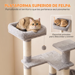 Árbol Rascador para Gatos 152 cm, Torre para Gatos Multinivel con Cueva, Hamaca, Cama, 4 Postes de Sisal, Escalera Rascadora, 3 Bolas Colgantes, Tela de Felpa, para 1-2, Gris Claro