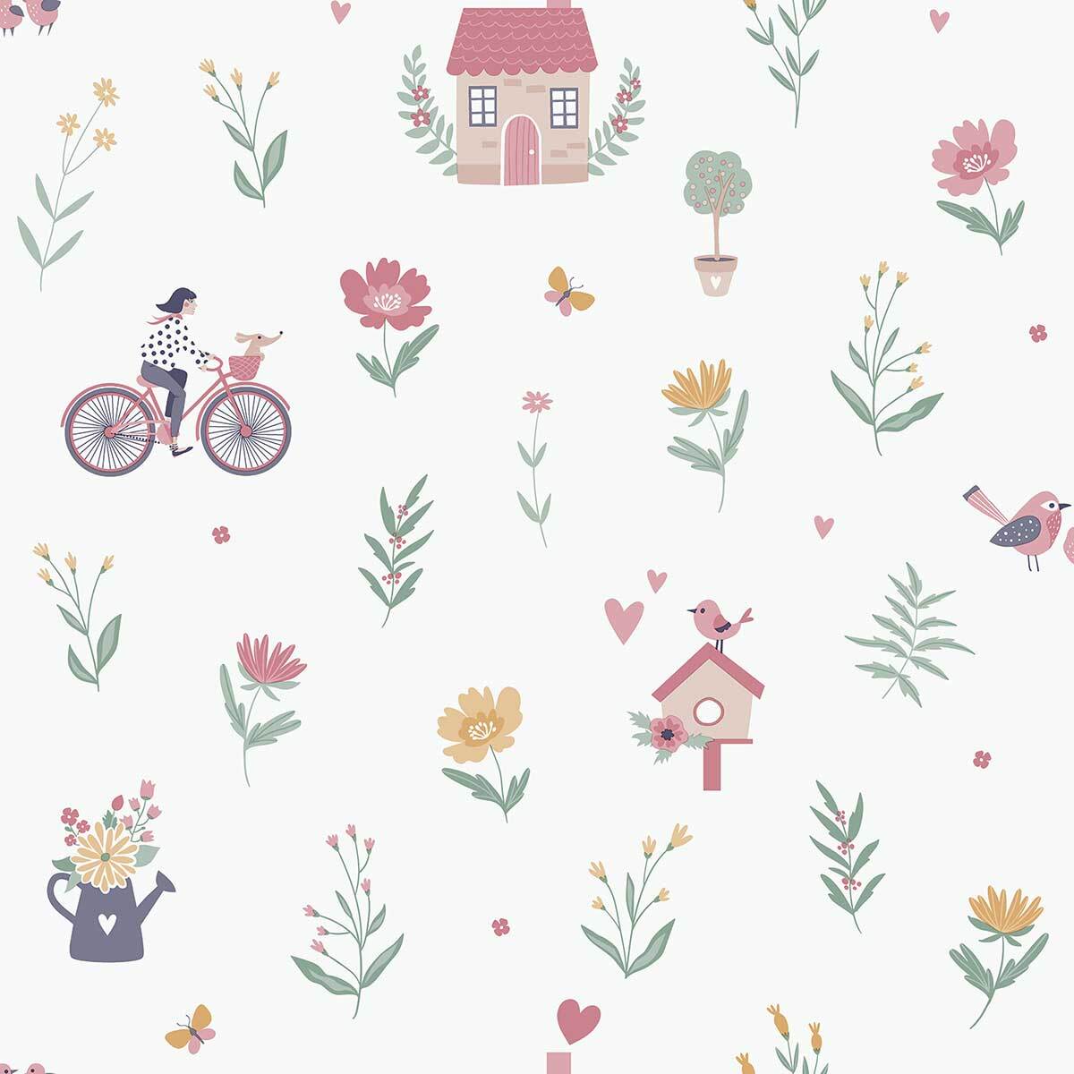 Papier peint jardin fleuri fille vélo fond blanc