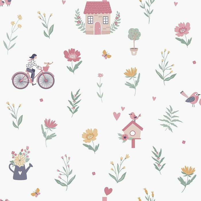 Papier peint jardin fleuri fille vélo fond blanc