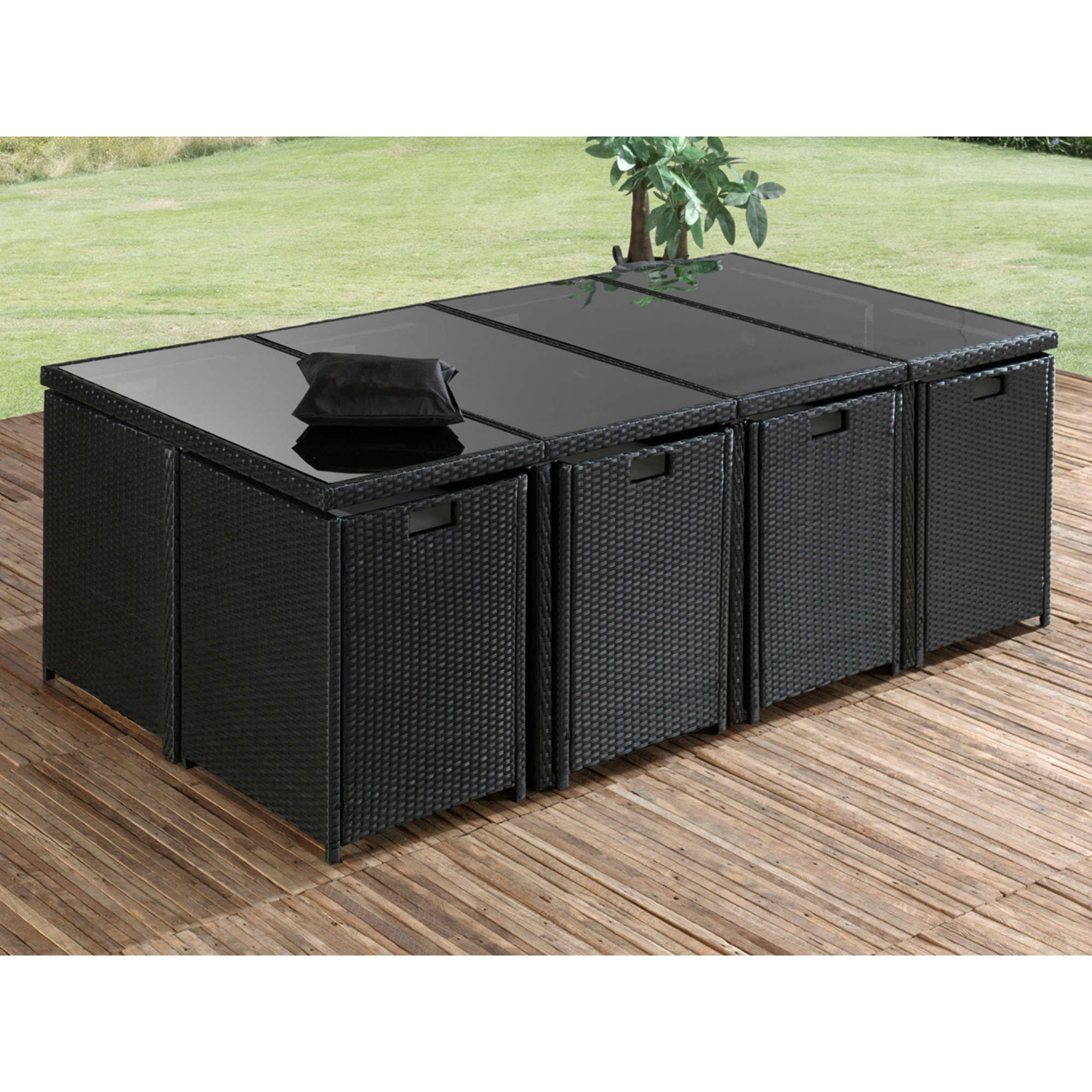 Fira - Salon de jardin encastrable 12 places - en résine tressée - Noir avec coussins gris + housse de protection - Noir / Gris