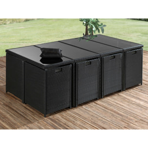 Fira - Salon de jardin encastrable 12 places - en résine tressée - Noir avec coussins gris + housse de protection - Noir / Gris