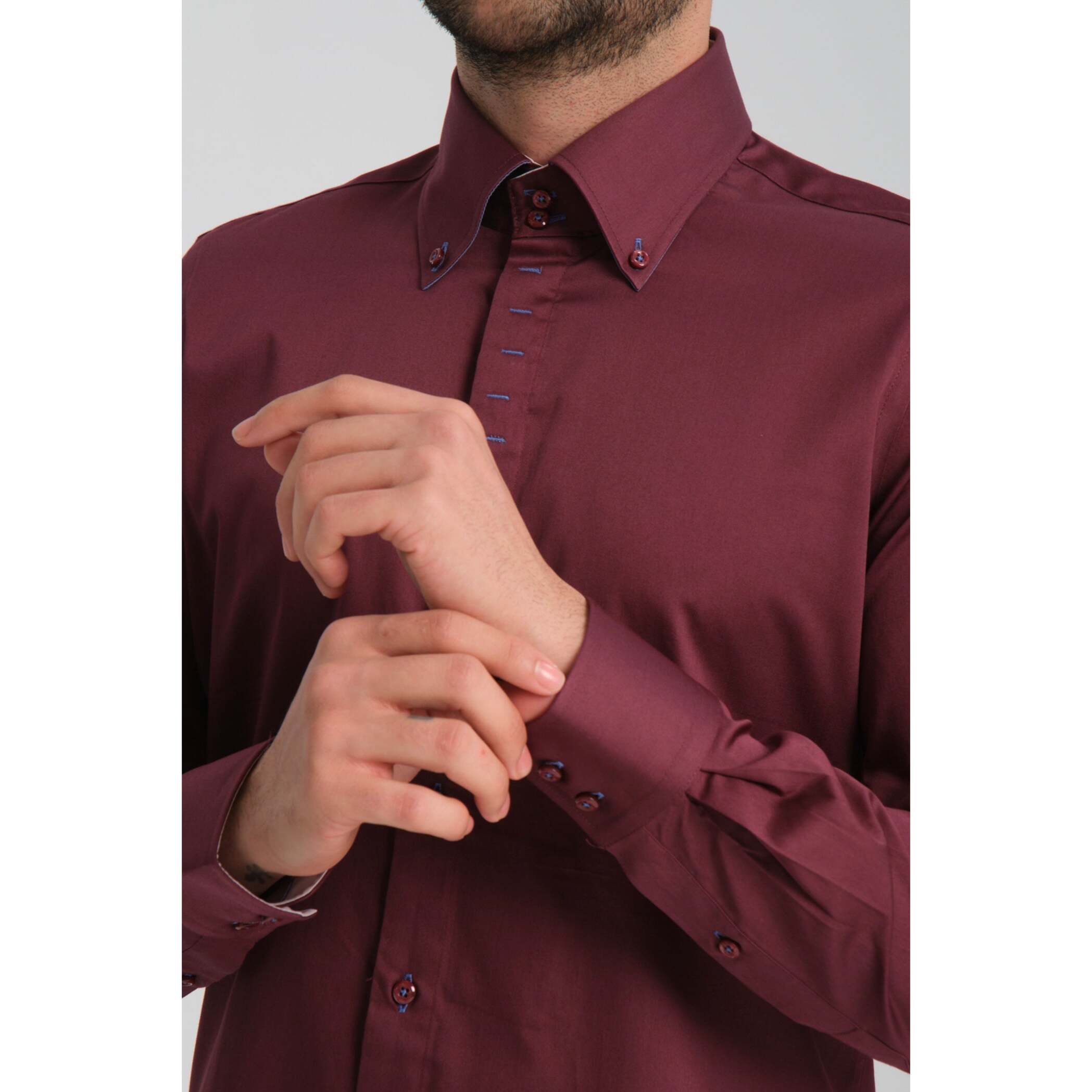 Camicia Uomo 2 Bottoni Button Down Slim Satin Unito Bordeaux
