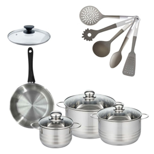 Lot Poêle avec couvercle & 3 Faitouts 16/20/24cm Fackelmann Généva avec 6 ustensiles Vario