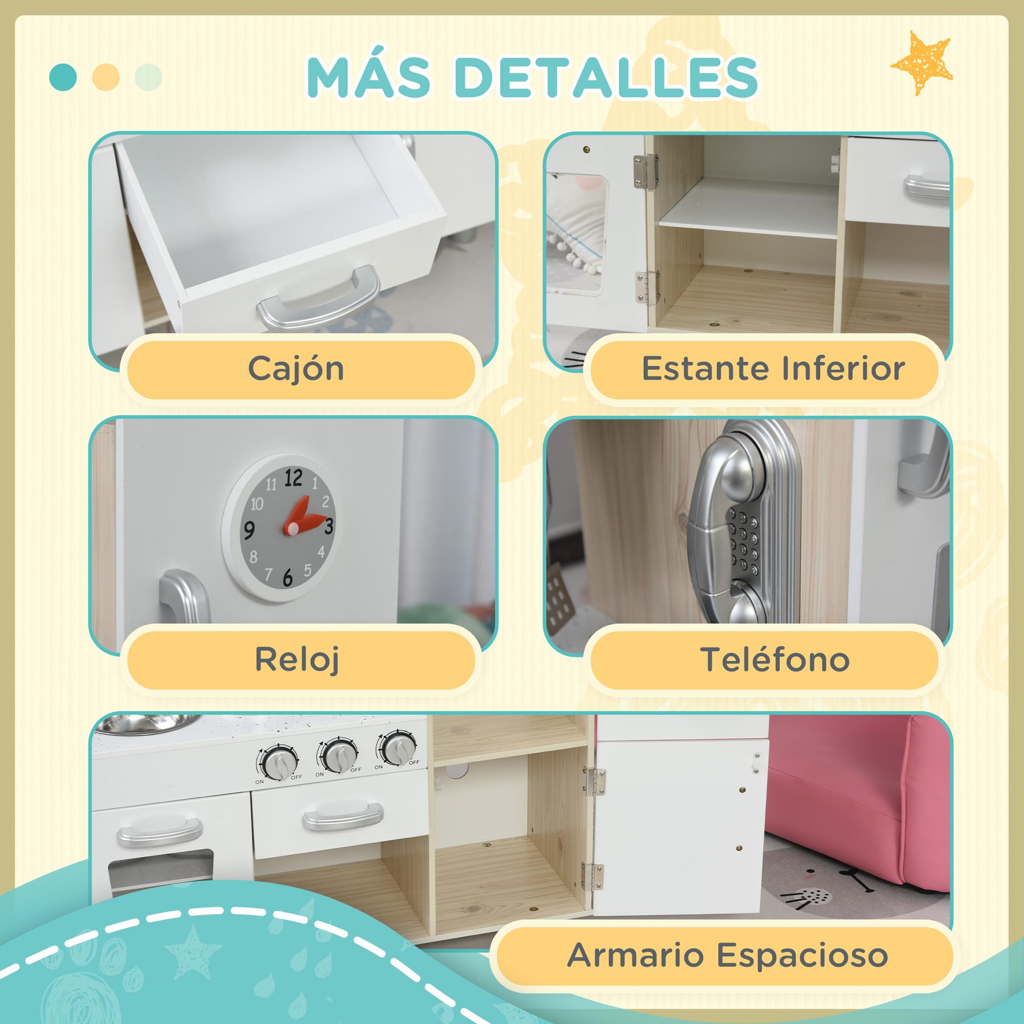 Cocina de Juguete de Madera con Fregadero Cocina de Inducción y Microondas Simulados con Accesorios Incluidos Cocina Infantil para +3 Años 74x30x81 cm Blanco