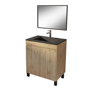 Meuble de salle de bains 70cm TIMBER Décor Chêne Naturel à Portes Vasque Noire et Miroir 70x50