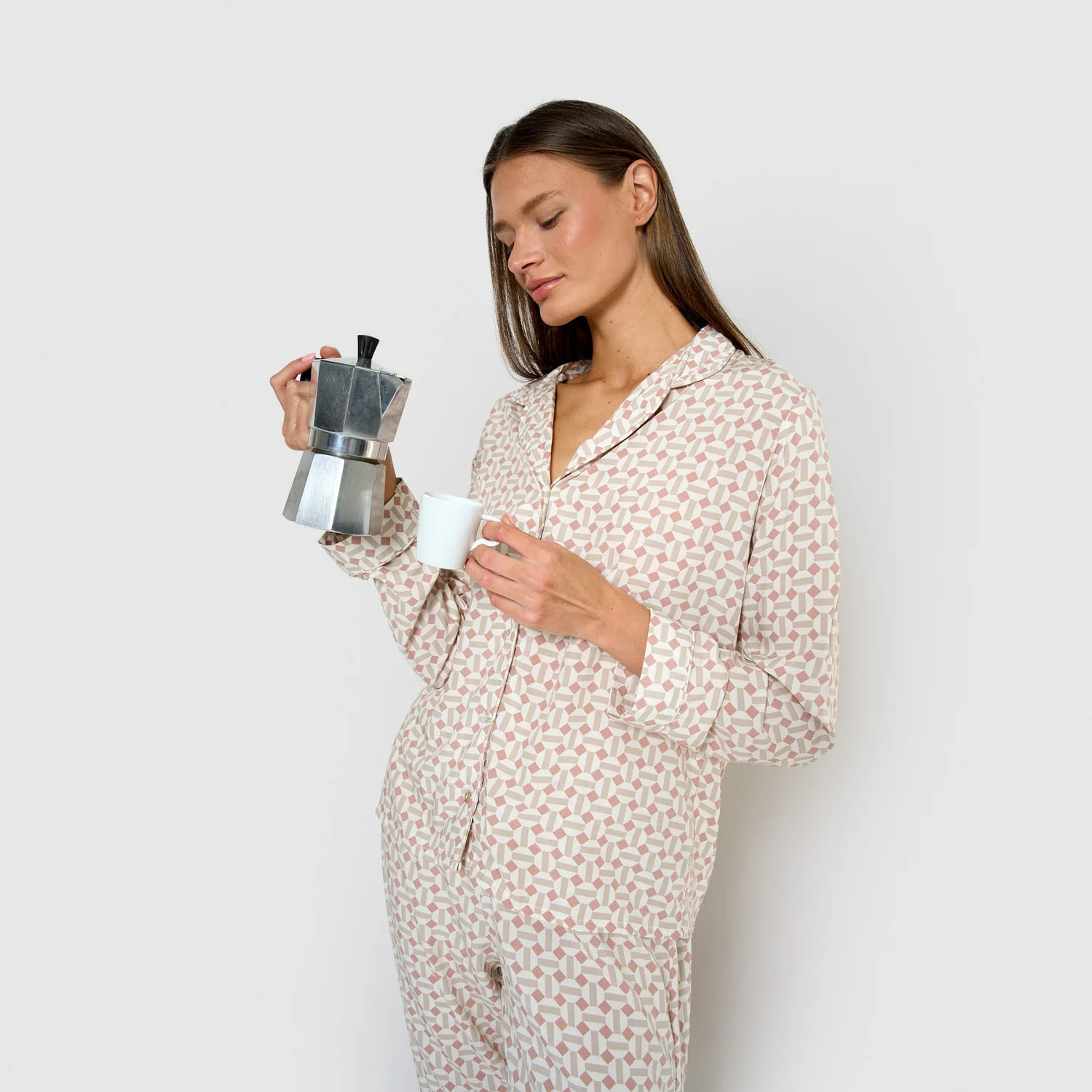 Pijama largo camisero viscosa enrieta rosa