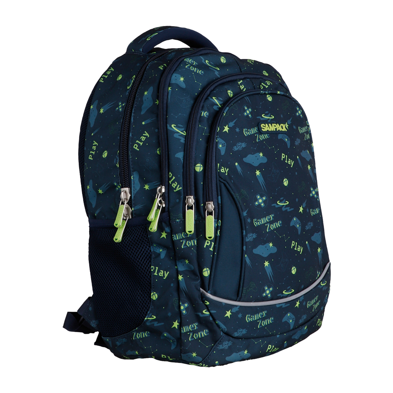 Zaino scolastico con quattro cerniere, pannello imbottito, dettagli riflettenti e compatibile con trolley. 30x16x42 cm.