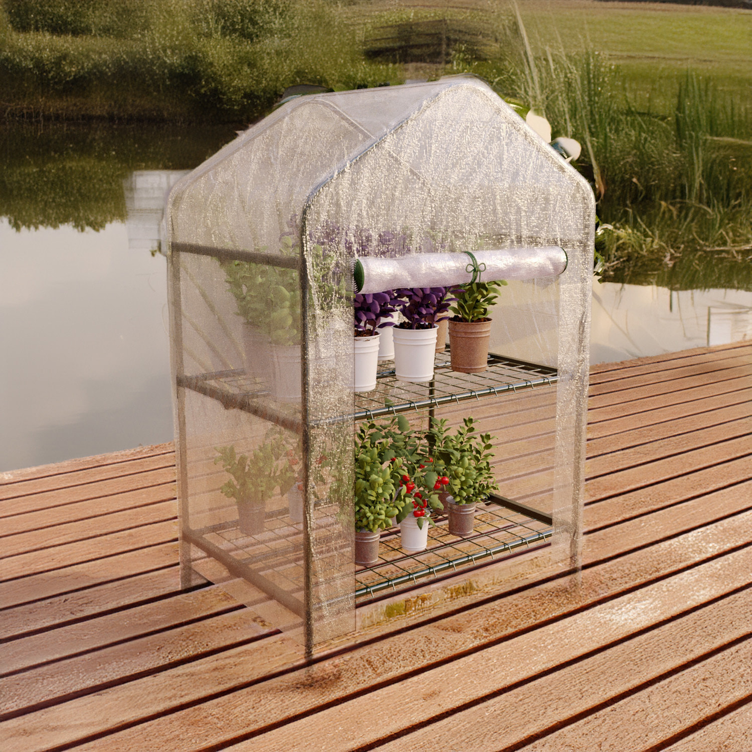 Serra A 2 Ripiani Da Giardino Per Orto Telaio In Acciaio Verniciato Telo PVC Trasparente Porta Avvolgibile Apertura A Cerniera Con ruote 69x49x125 Cm