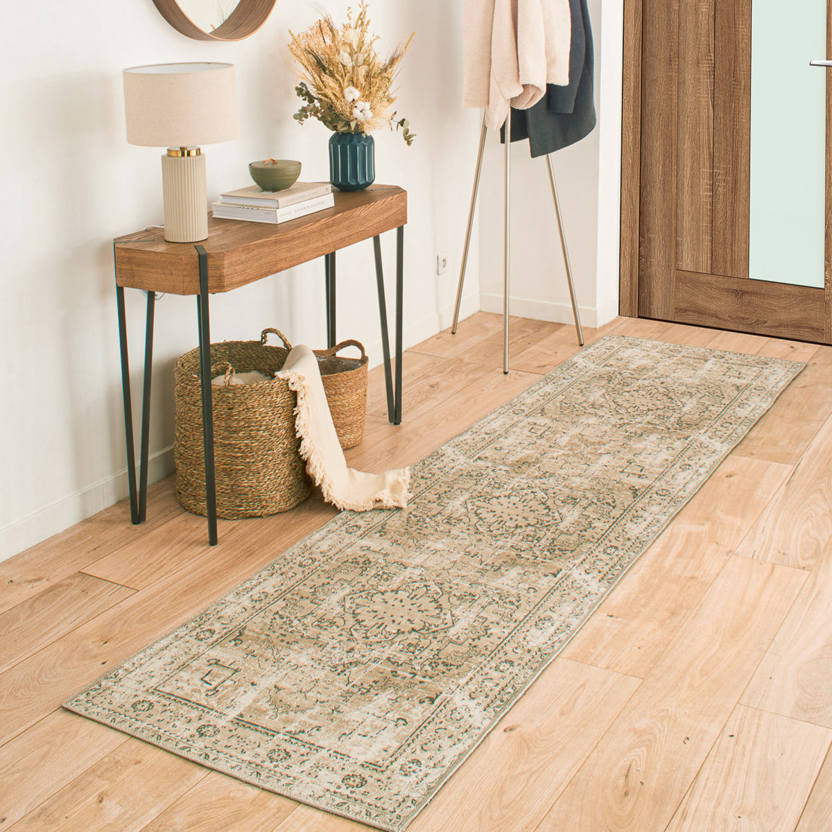 Carry - tapis vintage style oriental lavable en machine à 30°c, kaki