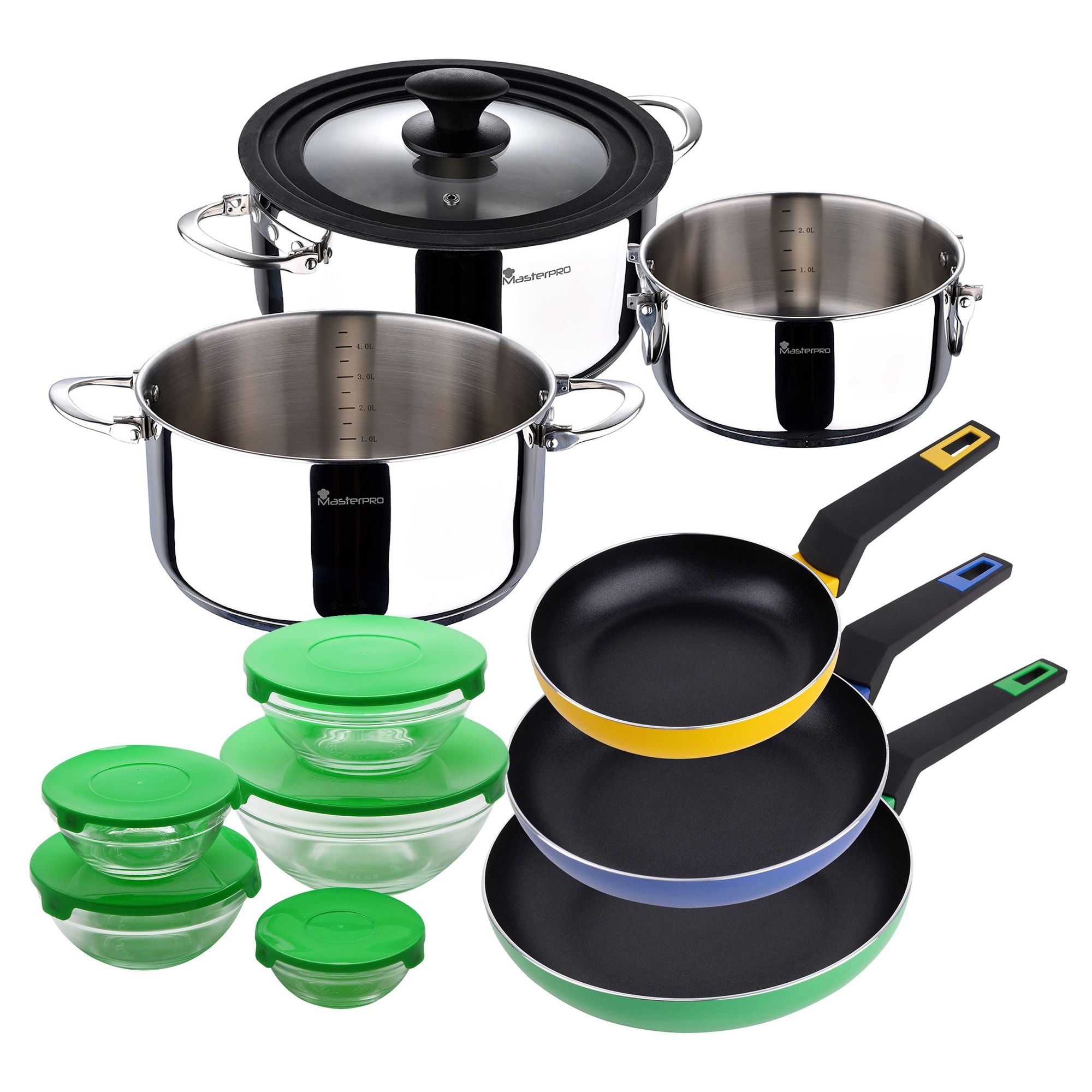 Set de batería de cocina en acero inoxidable + 3 sartenes ø18ø22ø26cm en aluminio prensado + 5 boles de cristal con tapas san ignacio