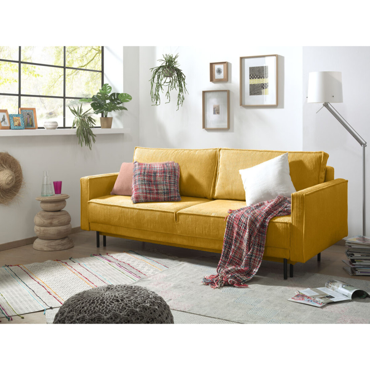 Charlie - canapé 3 places convertible avec coffre - en velours côtelé - Jaune