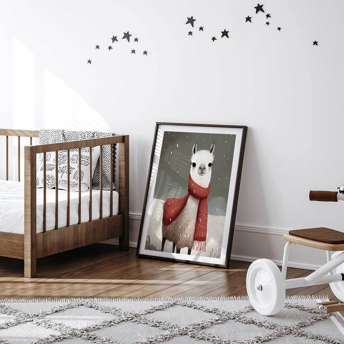 Affiche enfant lama sous la neige  Affiche sous cadre noir
